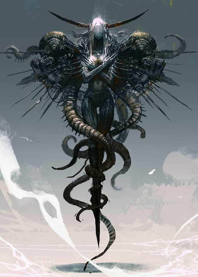 Surreal Horned Figure with Tentacles