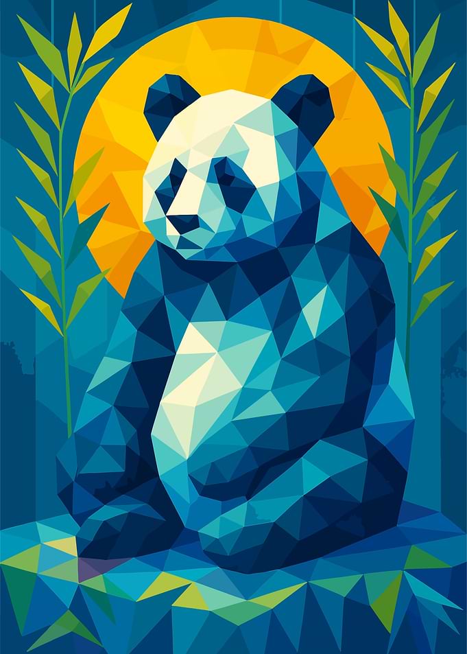 Geometric Panda with Bamboo and Sun