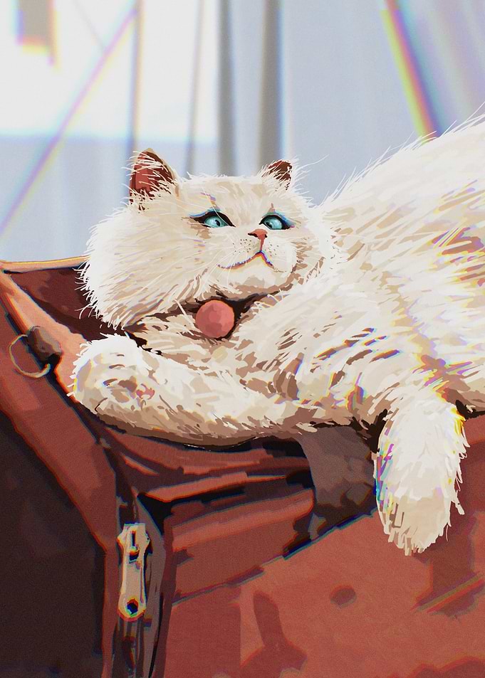 Fluffy White Cat on Red Suitcase