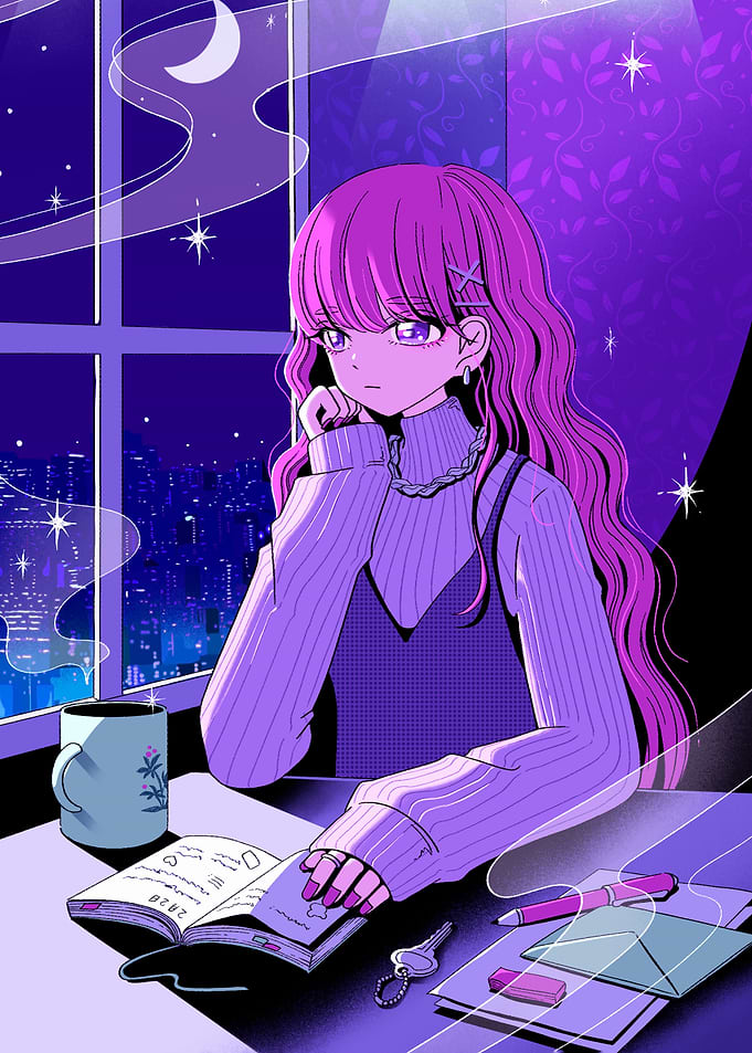 Anime Girl at Night with City View
