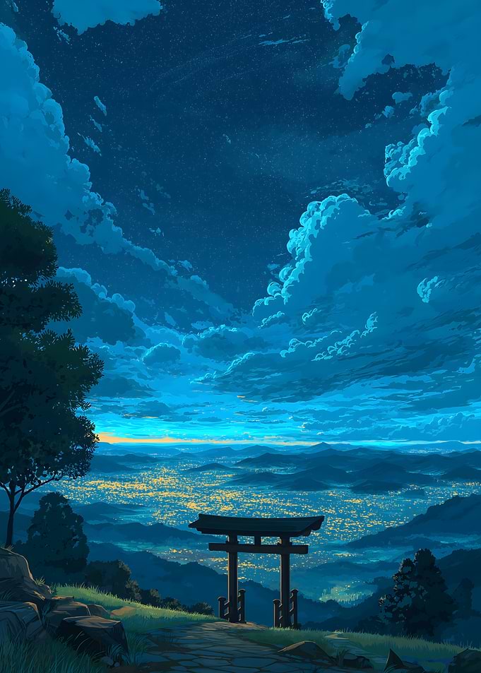 Night Sky over Japanese Torii Gate