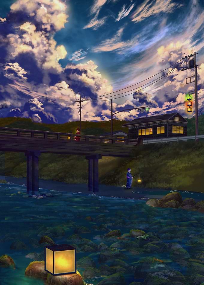 Japanese Landscape with Bridge and River