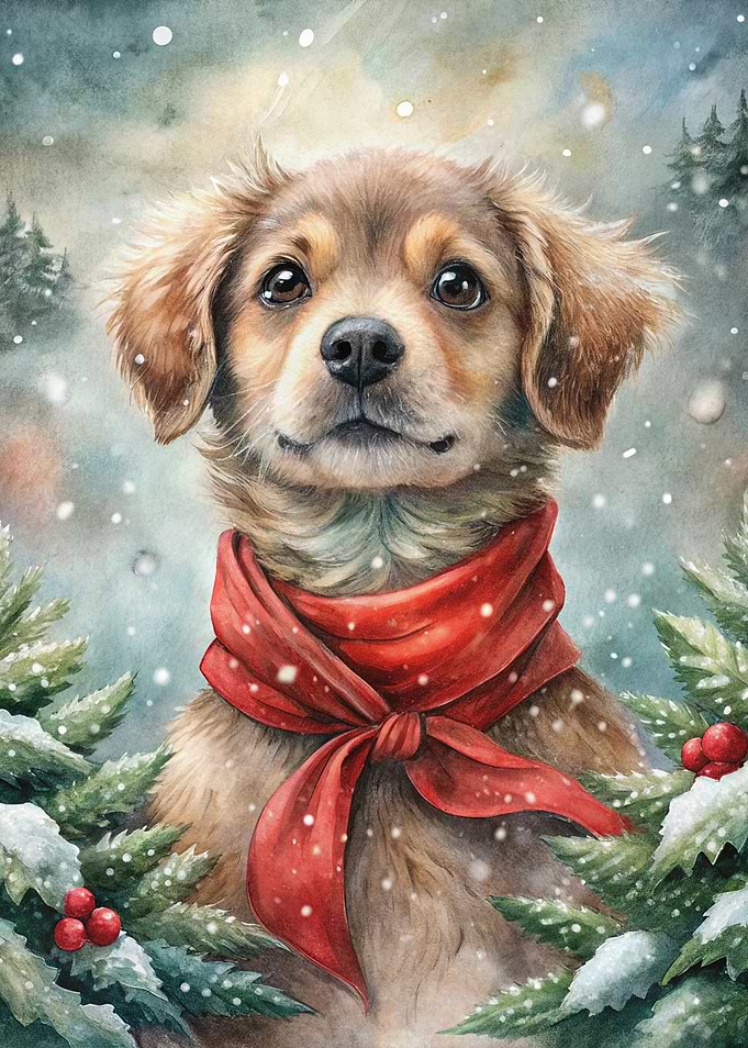 Watercolor Puppy with Red Scarf
