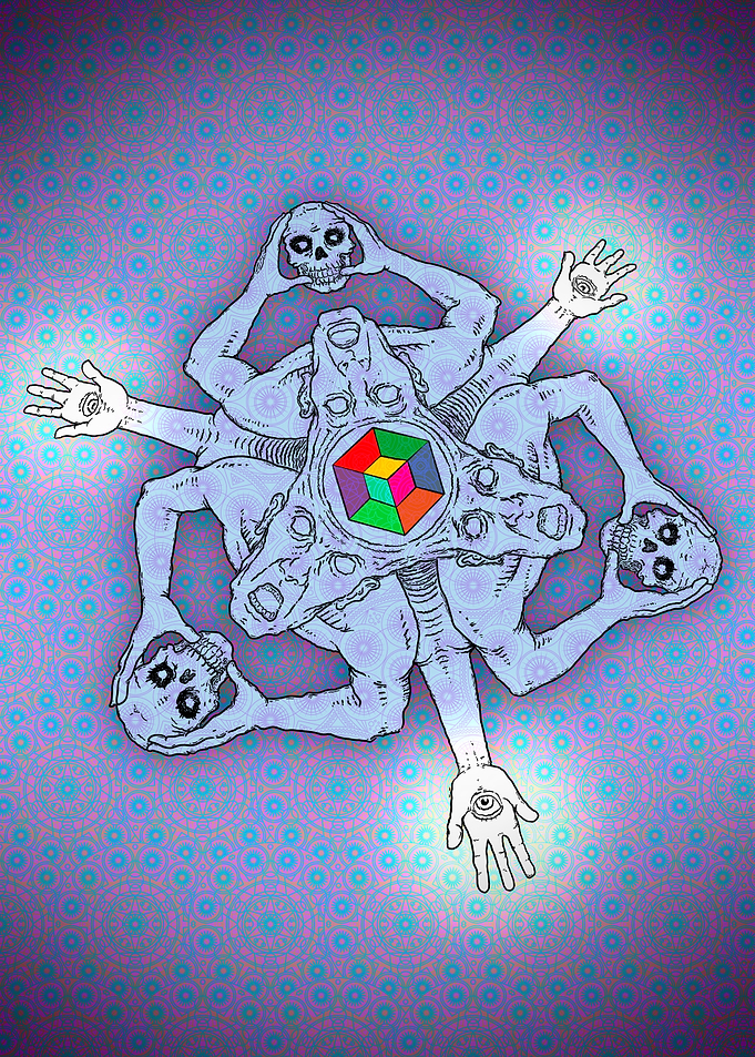 Abstract Figure with Skulls and Hands