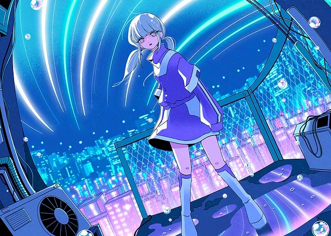 Anime Girl Overlooking Neon Cityscape