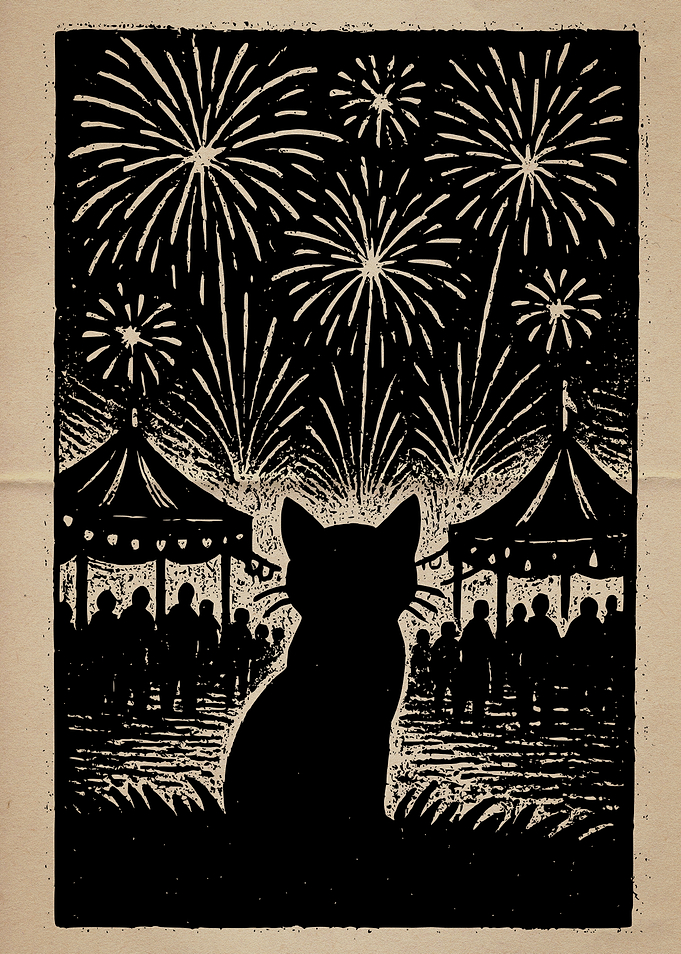 Cat Silhouette Fireworks Celebration
