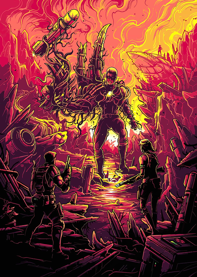 Sci-Fi Battle Scene with Armored Figure