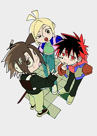 Three Anime-Style Characters on Tiled Floor