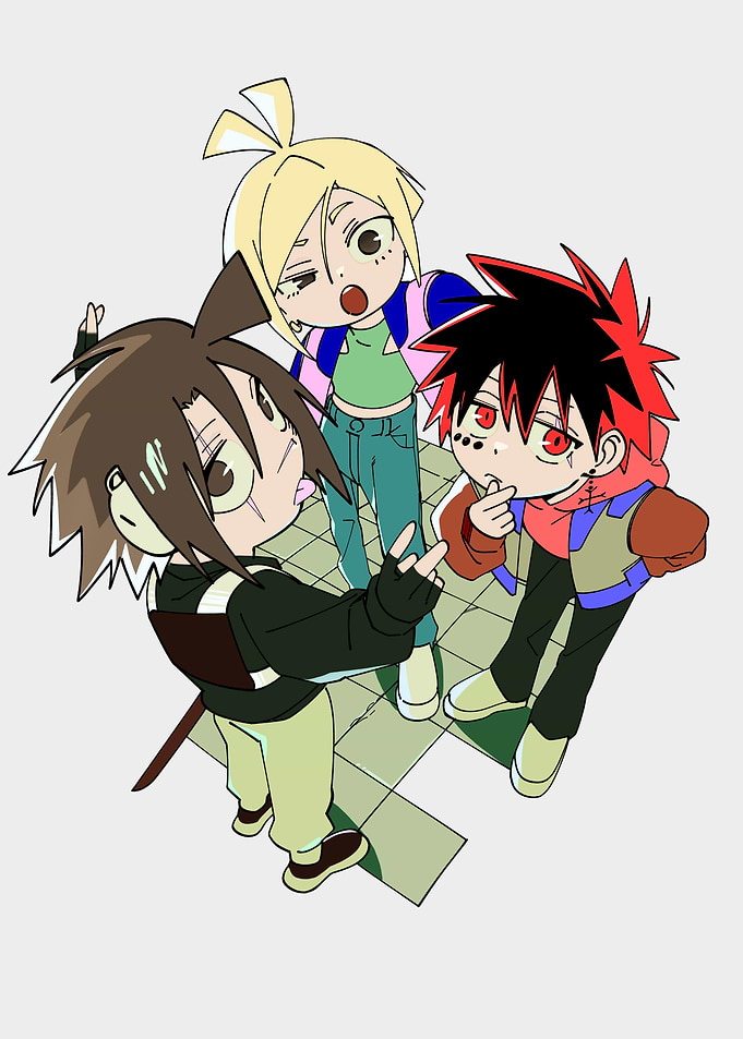 Three Anime-Style Characters on Tiled Floor