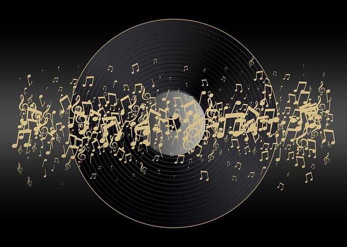 Vinyl Record with Golden Musical Notes