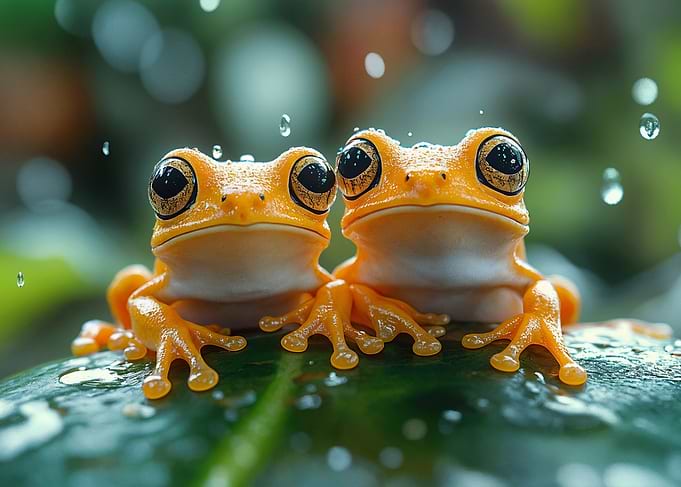 Two Orange Frogs in the Rain