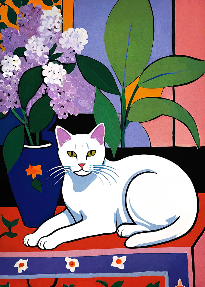 White Cat with Lilacs Still Life