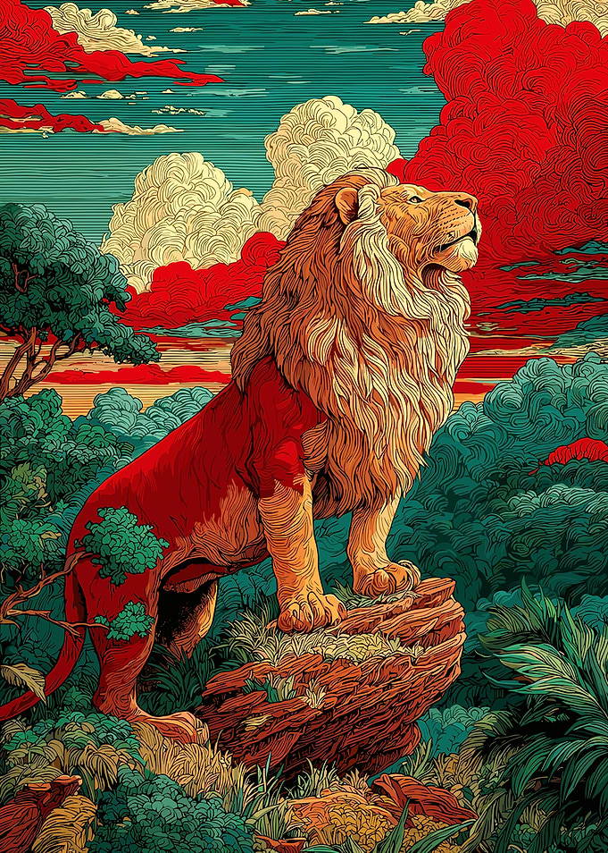 Lion on Rock with Colorful Sky