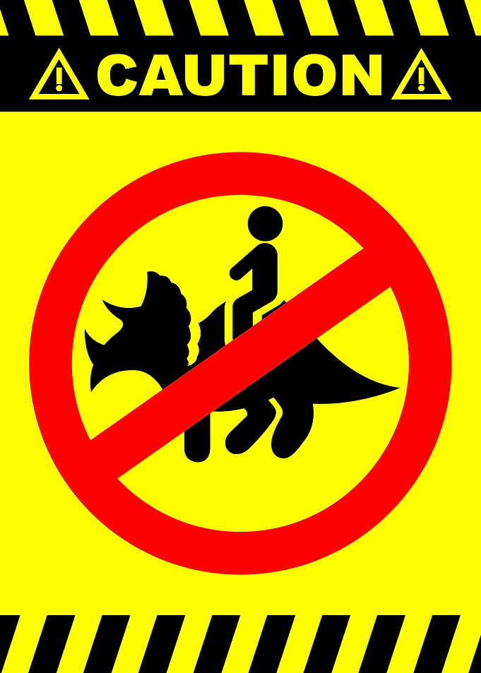 Funny Warning Poster – Man Riding Dinosaur Humorous Wall Art | Quirky Decor