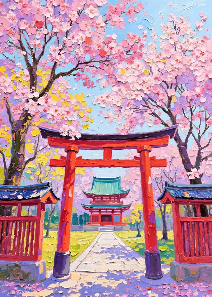 Japanese Temple with Cherry Blossoms Painting