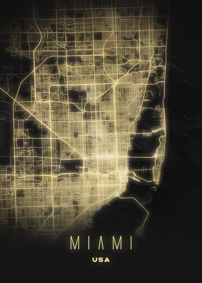 Miami, USA - Glowing City Map Poster, Modern Urban Nightscape