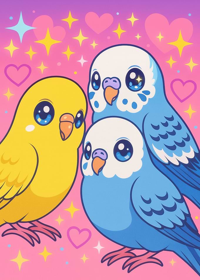Cute Cartoon Budgies with Hearts and Stars