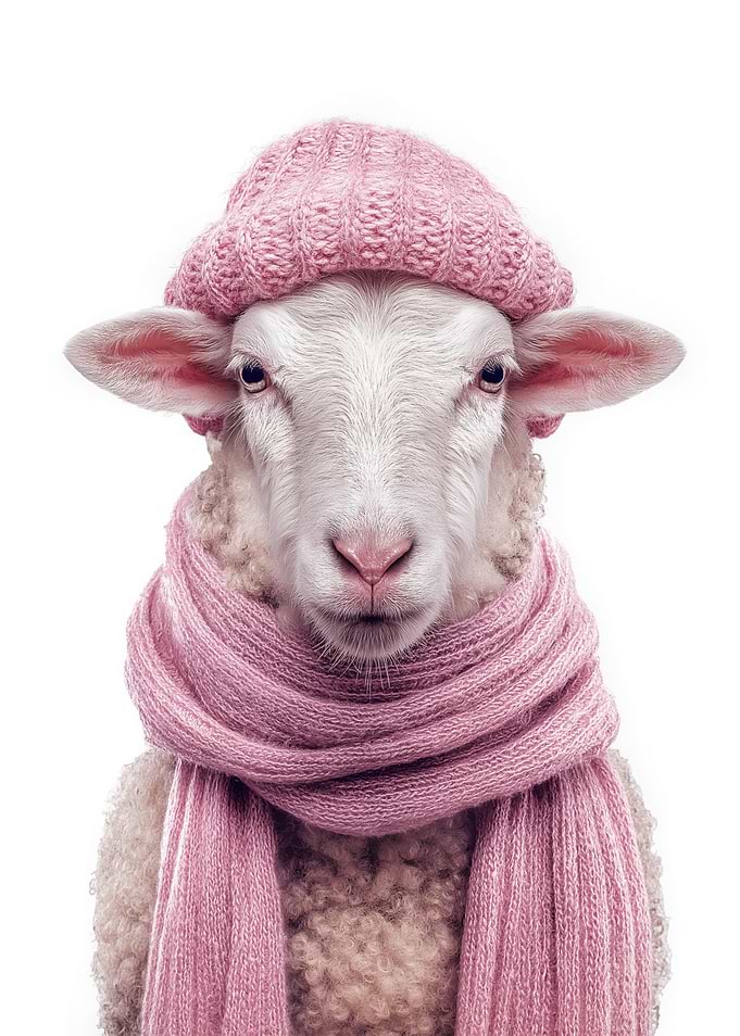 Cozy Sheep in Pink Hat and Scarf