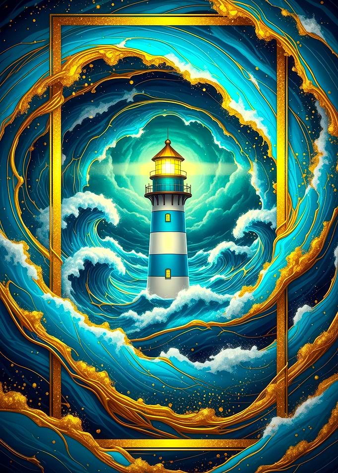 Lighthouse in swirling ocean waves