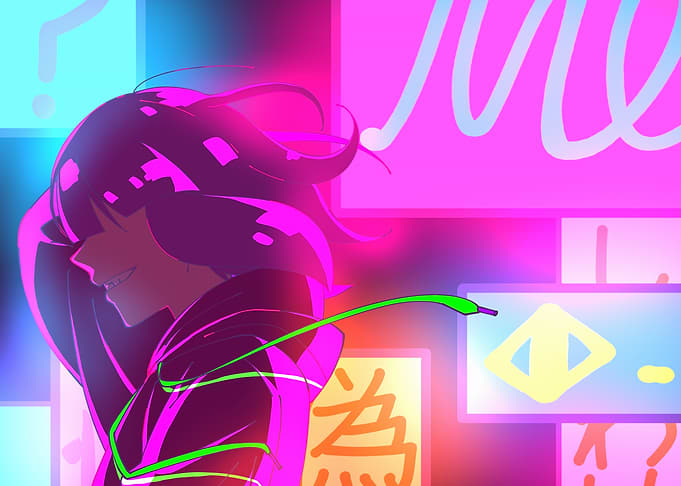 Neon Anime Girl with Gritted Teeth