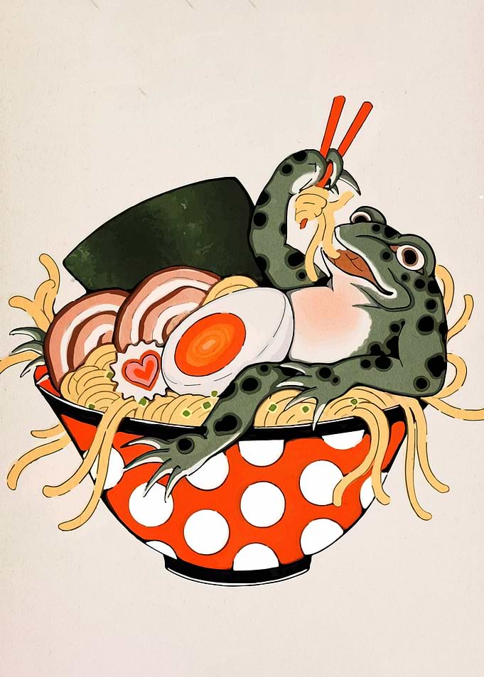 Frog eating ramen in a bowl
