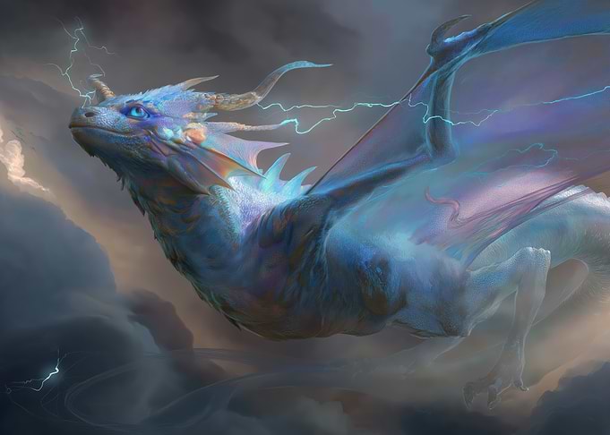 Blue Dragon in Stormy Sky