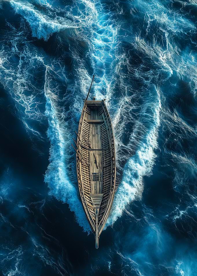 Wooden Boat in Stormy Blue Sea