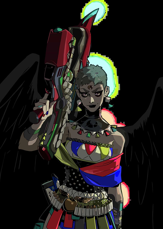 Angel with futuristic weapon in darkness