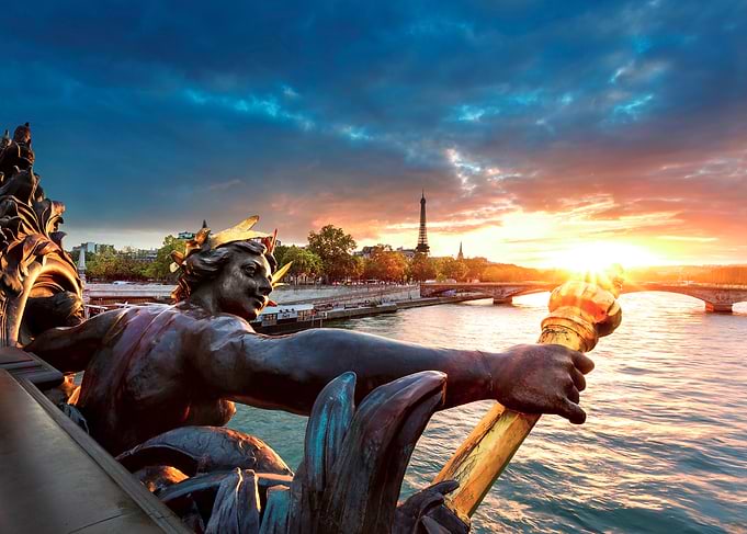 Paris Bridge Statue at Sunset