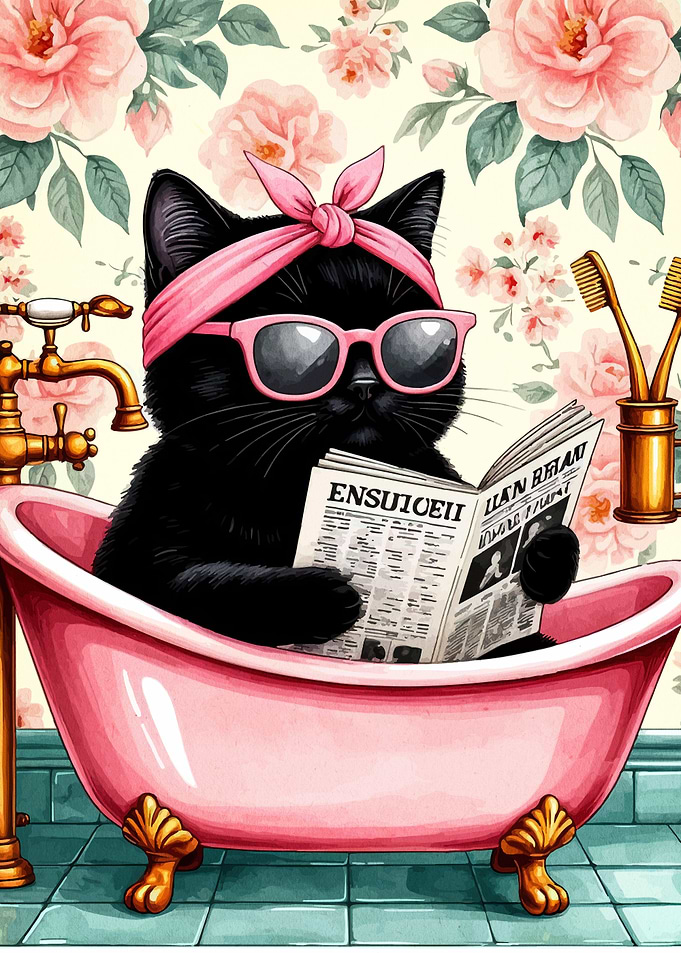 Cat in Bathtub Reading Newspaper