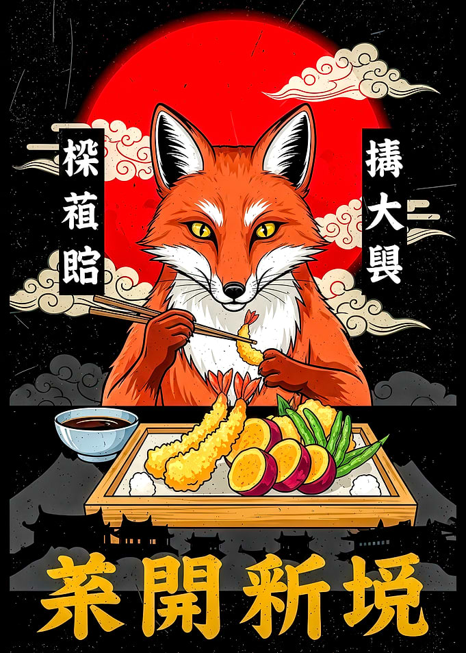 Fox eating tempura with chopsticks art