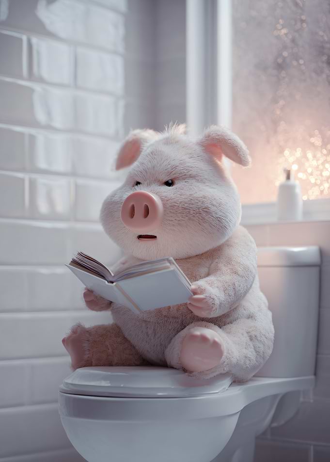 Pig Reading on Toilet