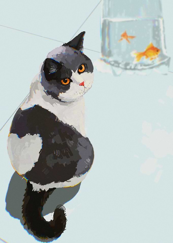 Cat and Goldfish Digital Art