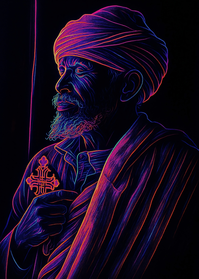 “Neon Priest – Ethiopian Spiritual Art in Vibrant Line Glow Style”
