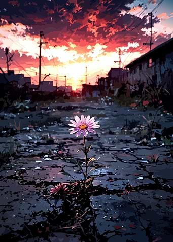 Flower in desolate landscape at sunset