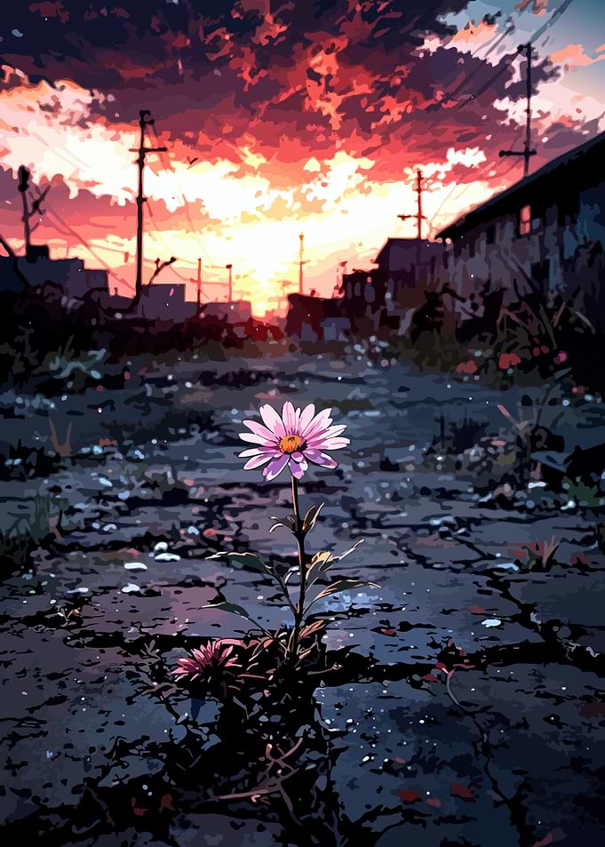 Flower in desolate landscape at sunset