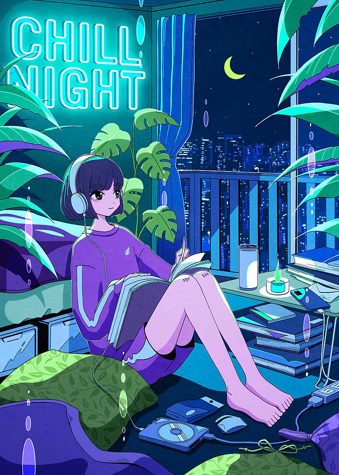 Chill Night Anime Girl Reading