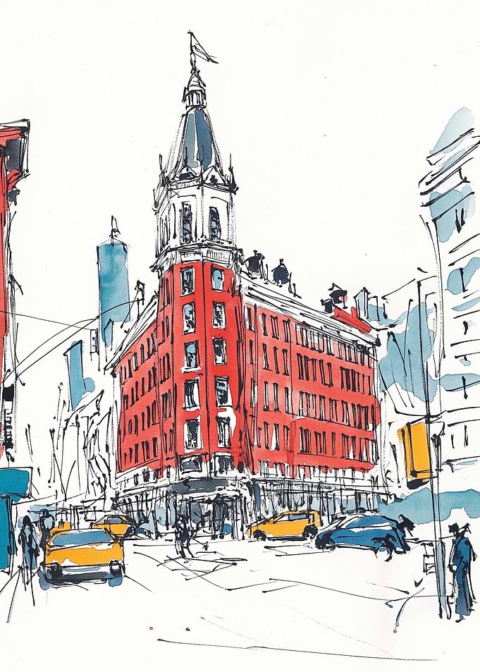 Cityscape Watercolor Painting with Red Building