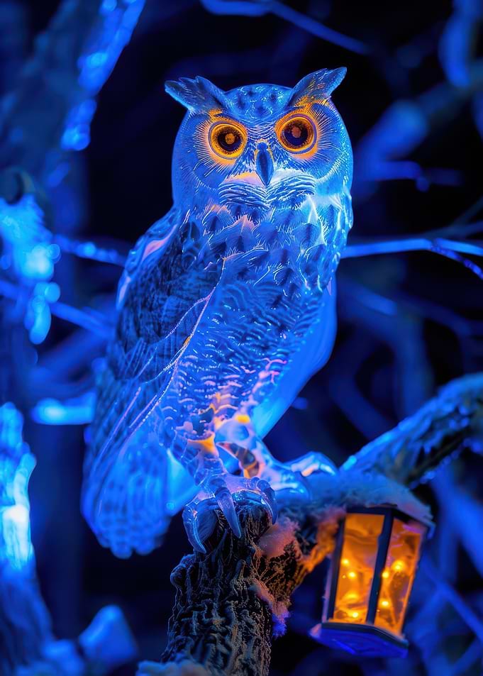Blue Owl with Lantern in Winter
