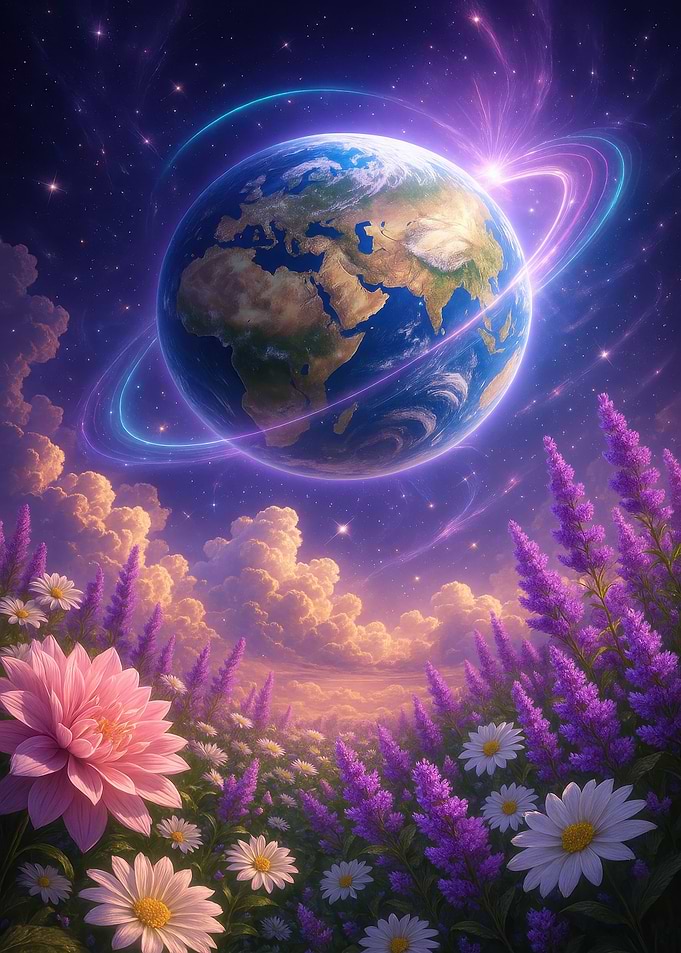 Earth with Flowers and Cosmic Rings