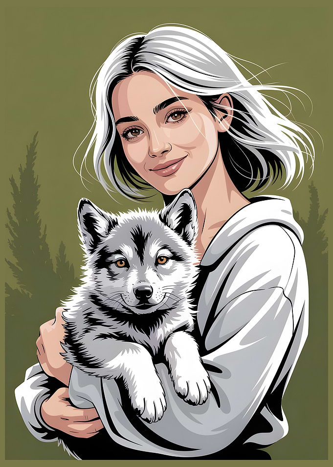 Loyal Love A Woman and Her Husky Puppy Digital Portrait Art