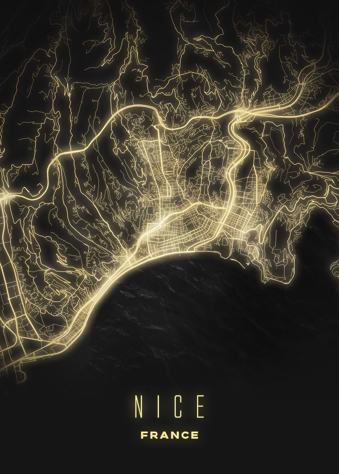 Nice, France - Illuminated City Map Poster, Streets at Night Wall Print