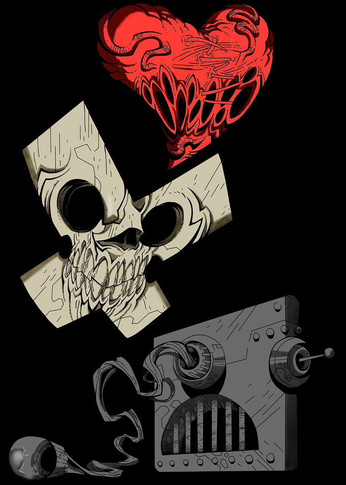 Abstract Heart, Skull, and Machine Art