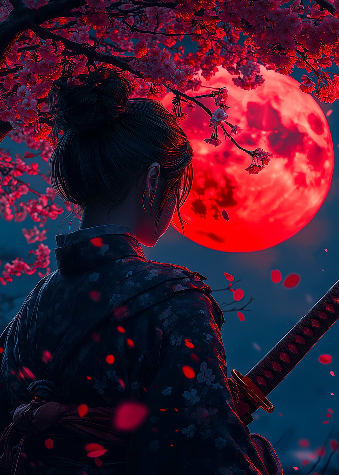 Samurai Woman Under Red Moon