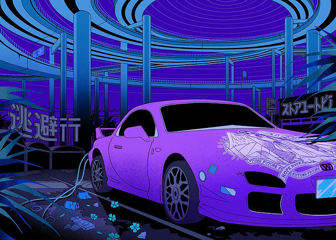 Purple Car in Cyberpunk Cityscape