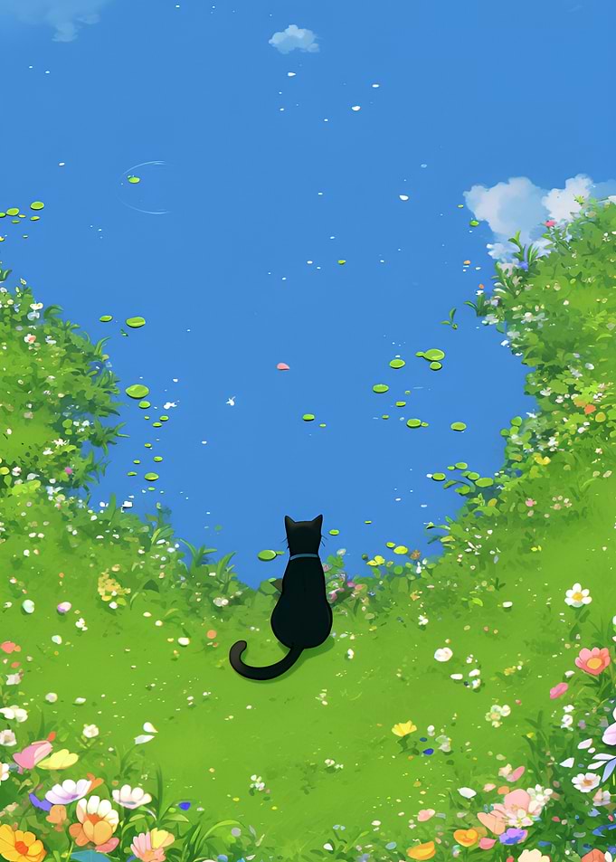Black Cat by the Pond