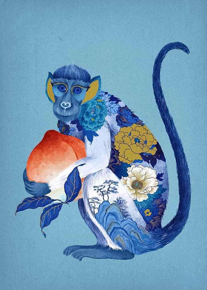 Monkey with Peach Floral Art