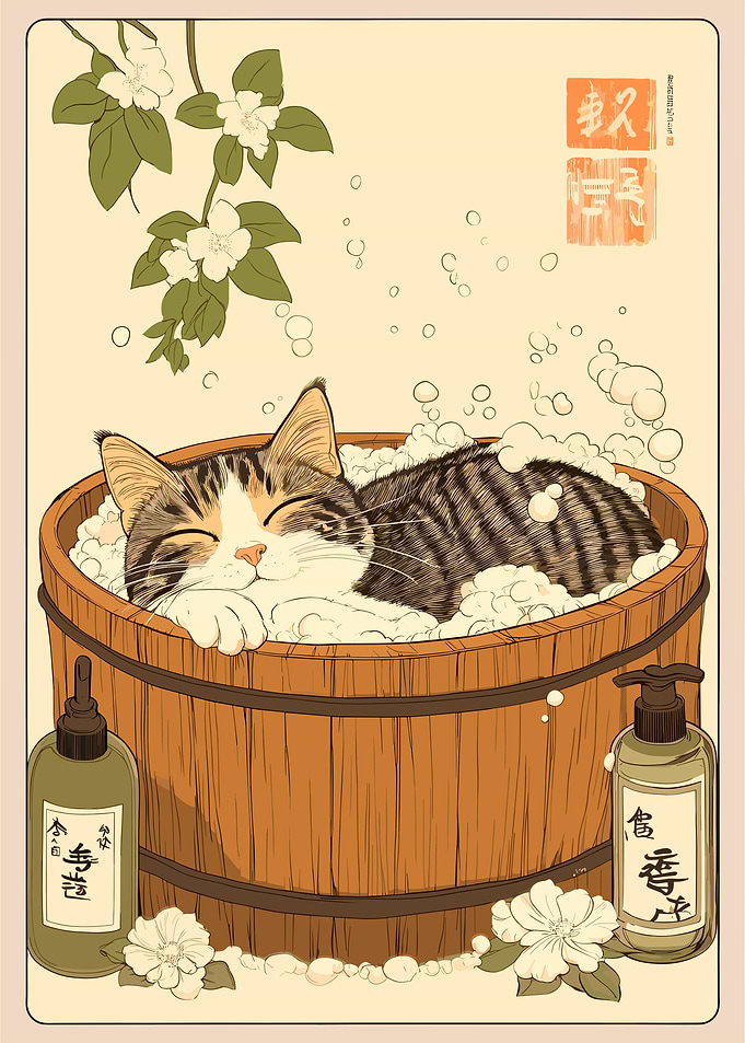 Cat Bathing in Wooden Tub