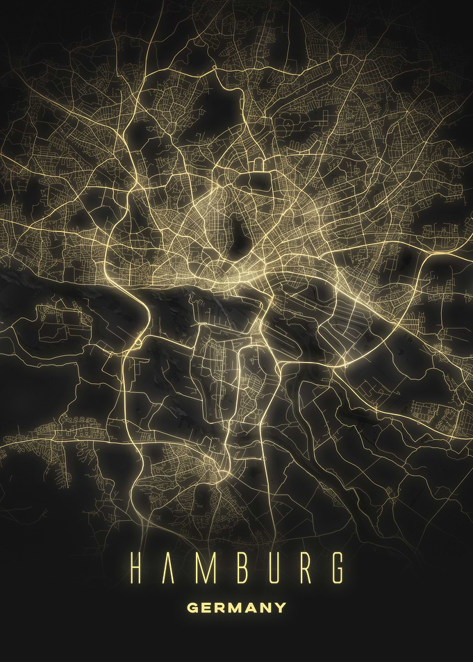 Hamburg, Germany - Illuminated City Map Poster, Modern Urban Nightscape