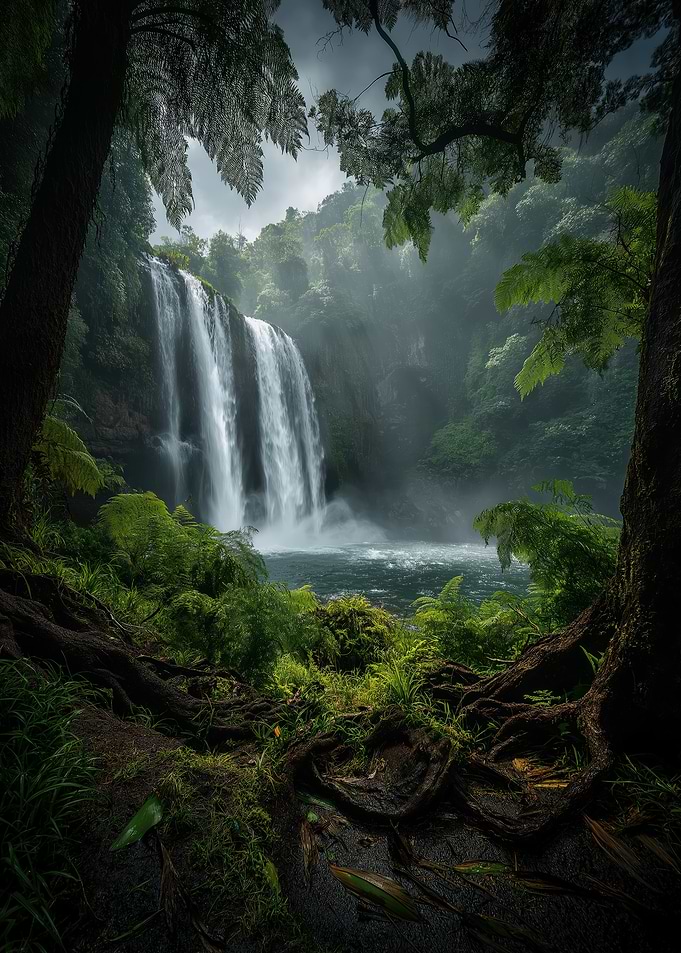 Lush Waterfall in a Green Forest